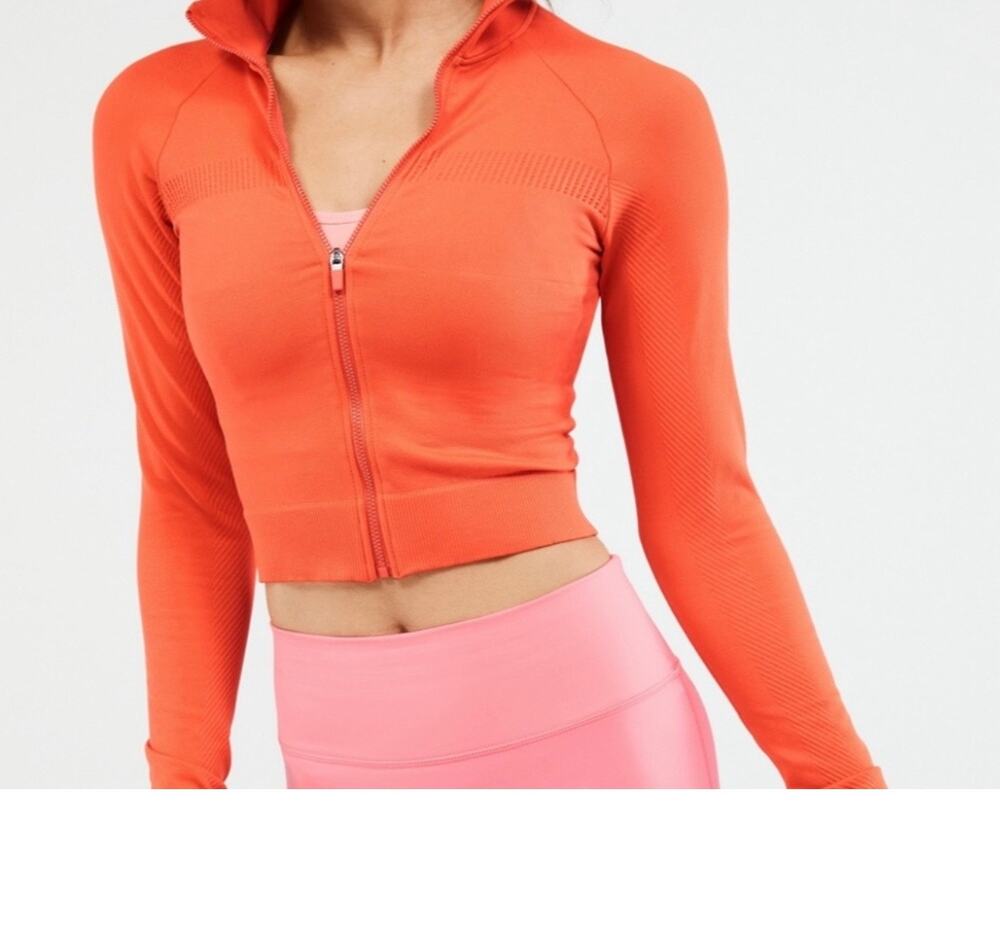 Fabletics Active wear Tory Cropped Rib Full-zip Jacket Vibrant Orange Women M